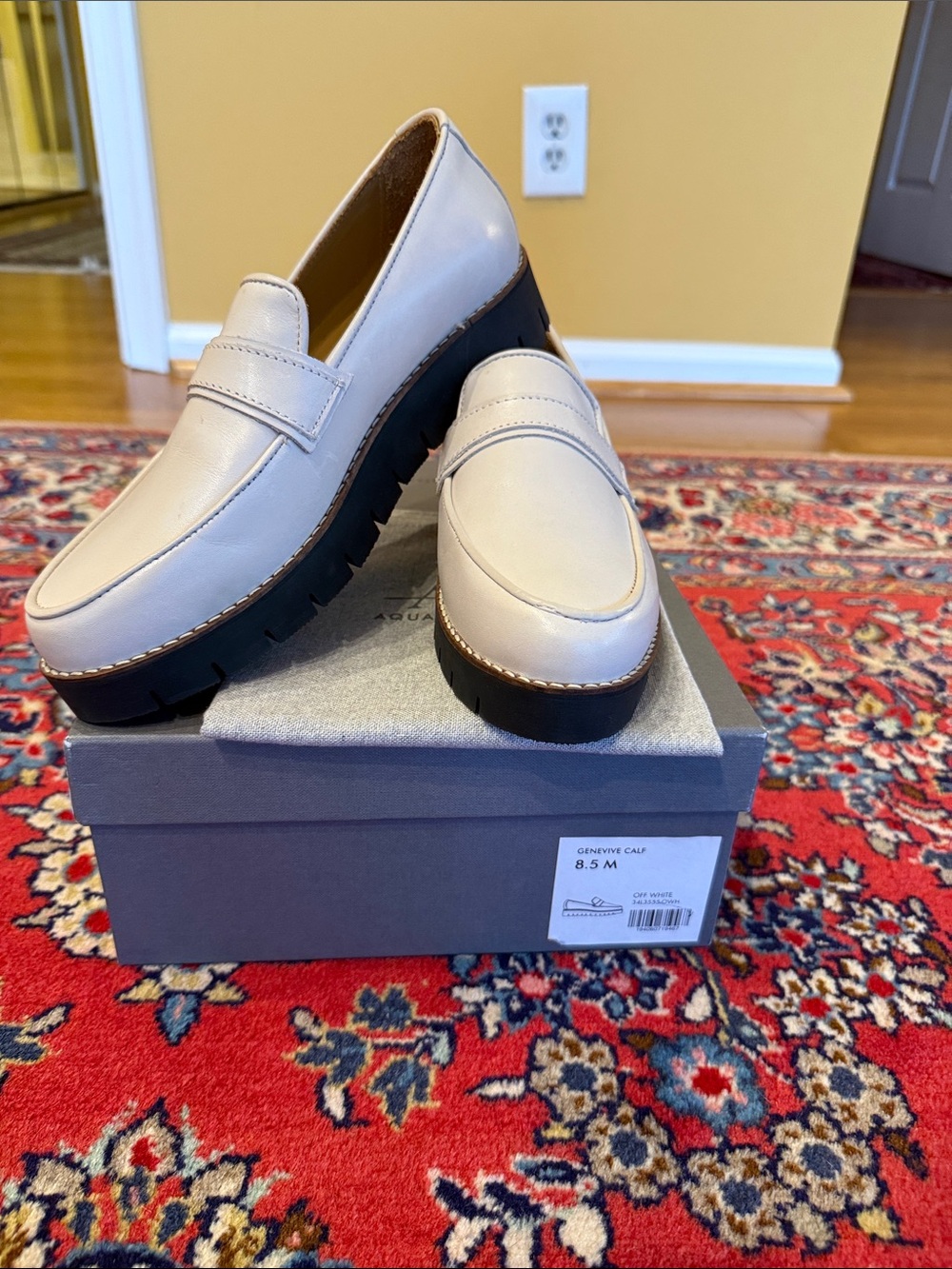 Aquatalia Cream Leather Penny Loafers with Chunky Black Sole